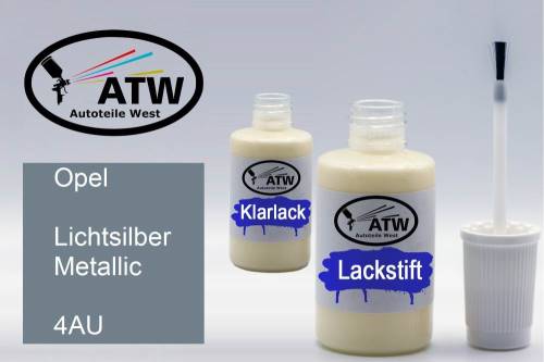 Opel, Lichtsilber Metallic, 4AU: 20ml Lackstift + 20ml Klarlack - Set, von ATW Autoteile West.